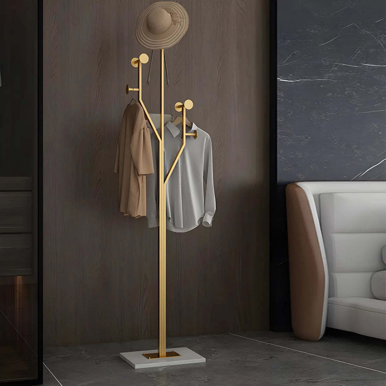 Tree-Shape Tall Freestanding Coat Rack — Gold-Black
