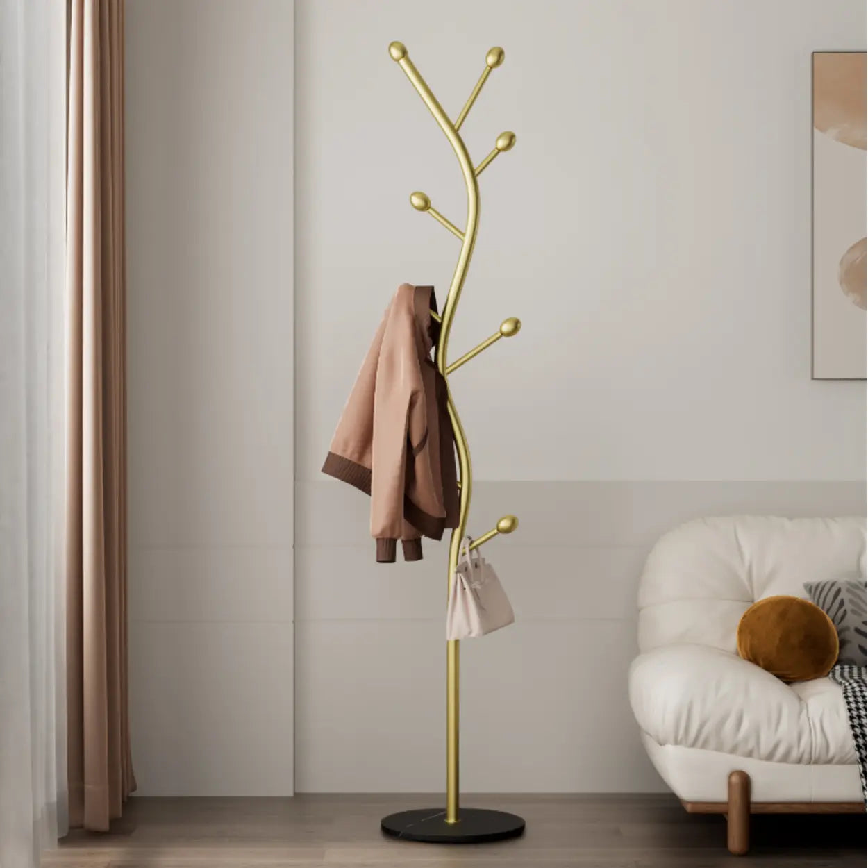 Tree-Shaped Gold Metal Freestanding Coat Rack