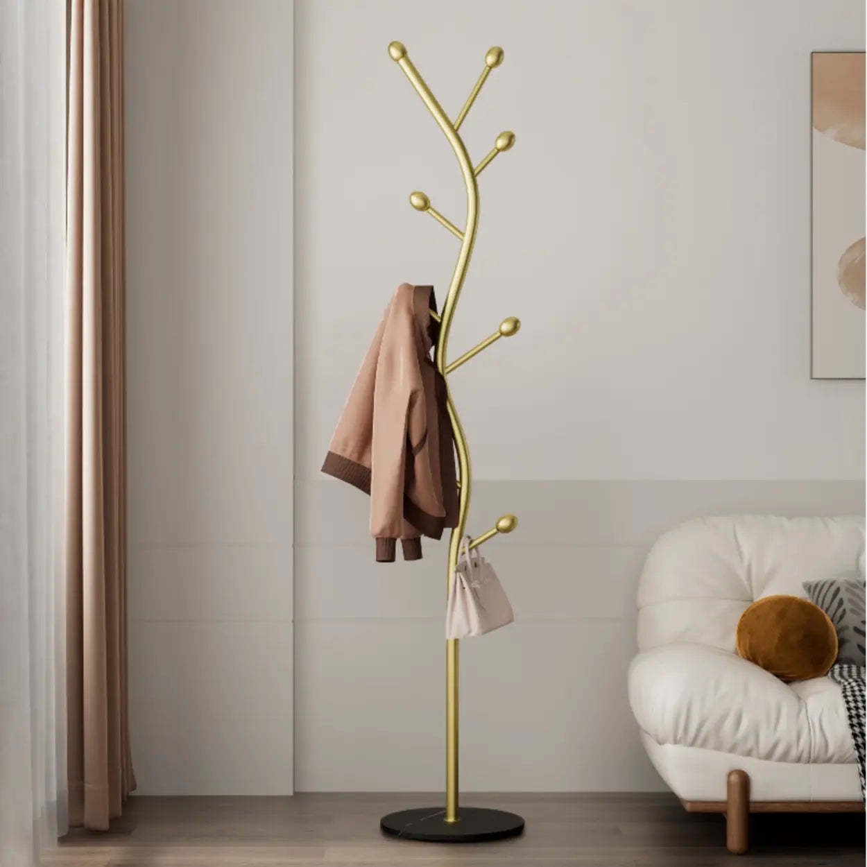 Tree-Shaped Gold Metal Freestanding Coat Rack — Black