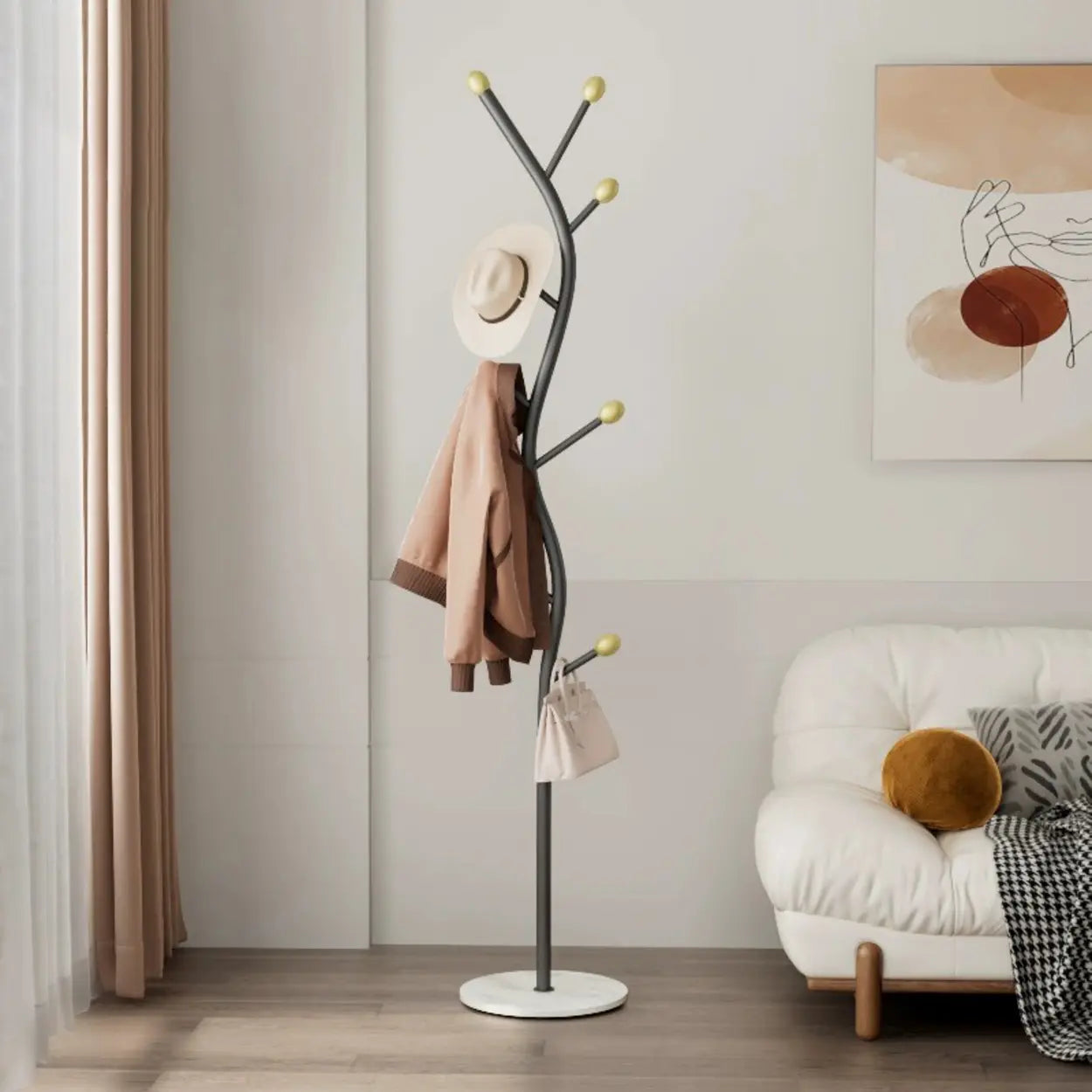 Tree-Shaped Gold Metal Freestanding Coat Rack — Gold-grey