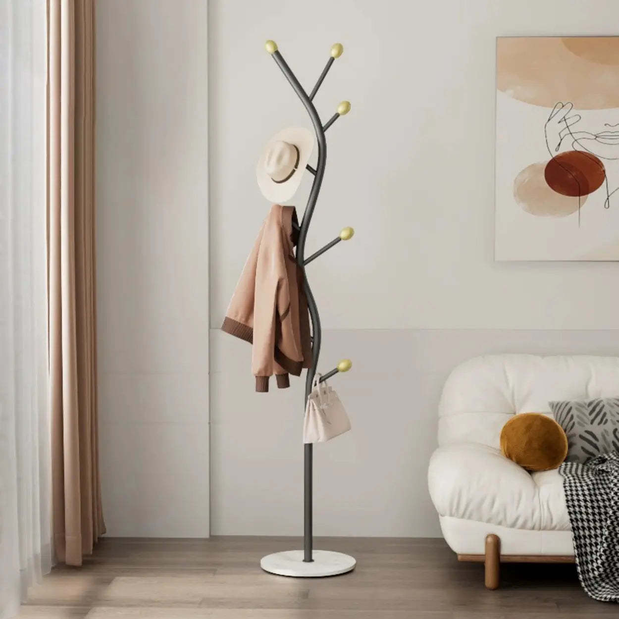 Tree-Shaped Gold Metal Freestanding Coat Rack — Gold-grey