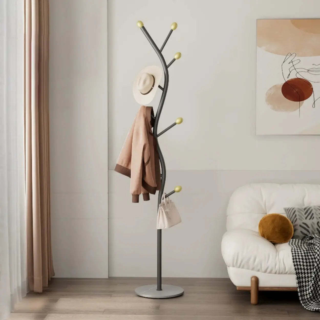 Tree-Shaped Gold Metal Freestanding Coat Rack