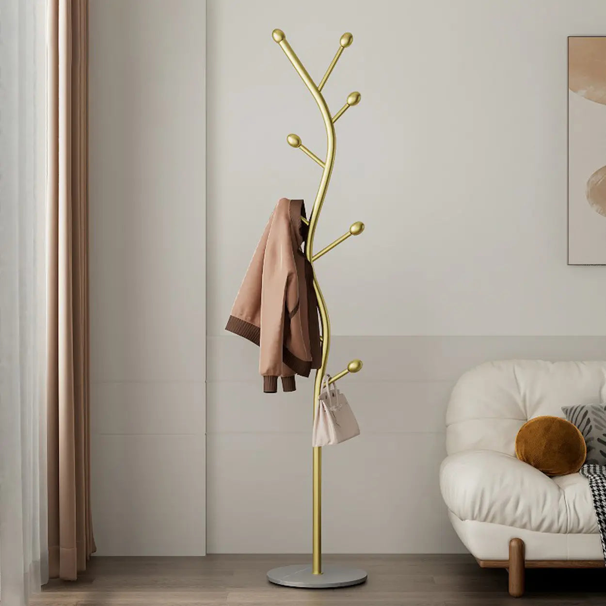 Tree-Shaped Gold Metal Freestanding Coat Rack