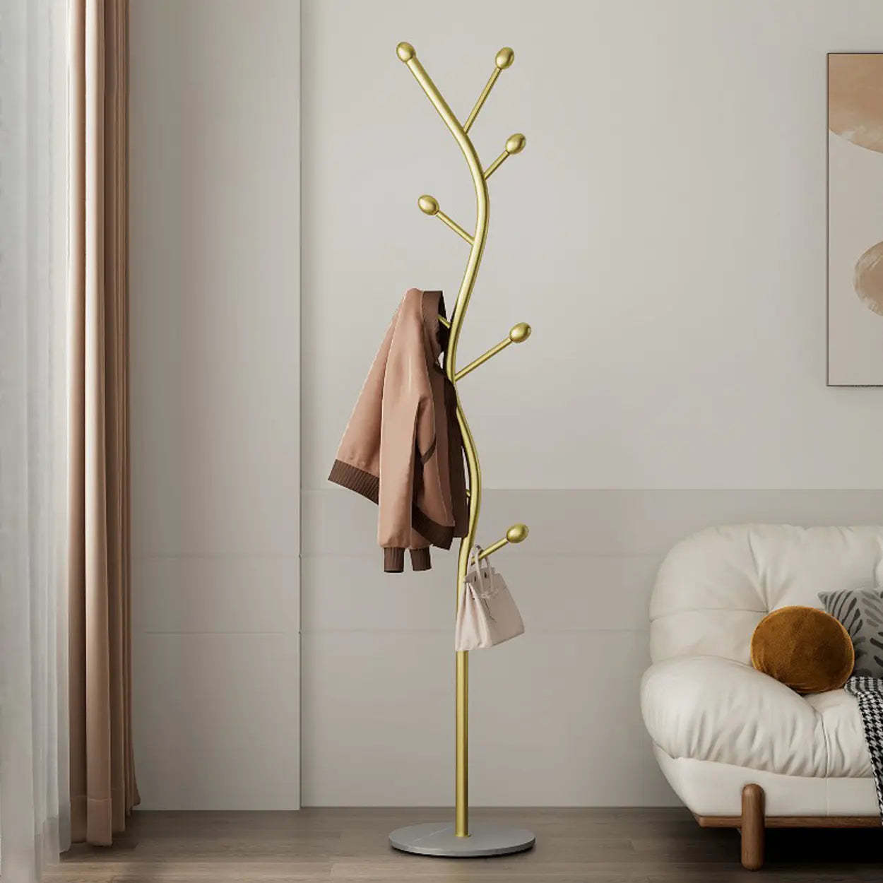 Tree-Shaped Gold Metal Freestanding Coat Rack