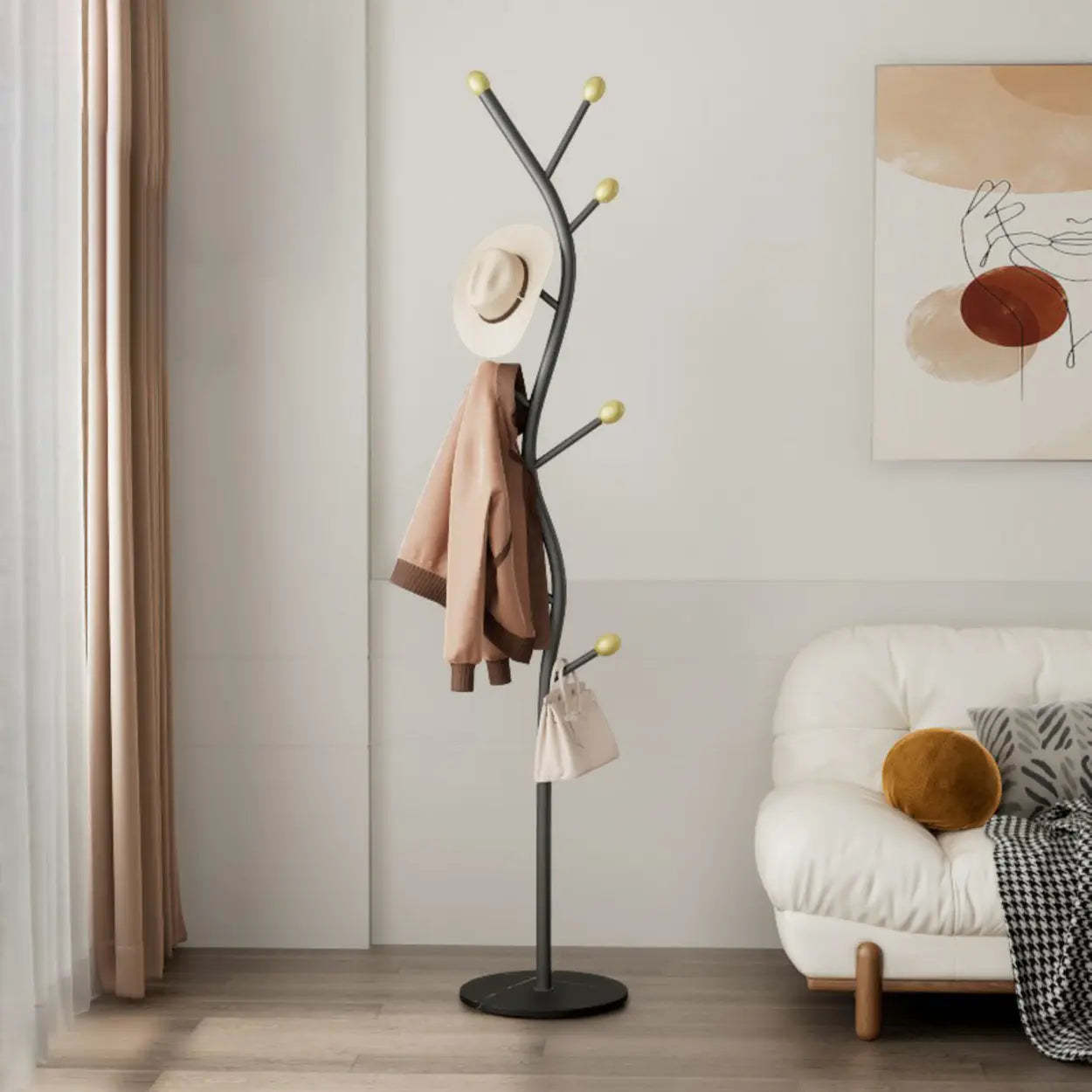 Tree-Shaped Gold Metal Freestanding Coat Rack
