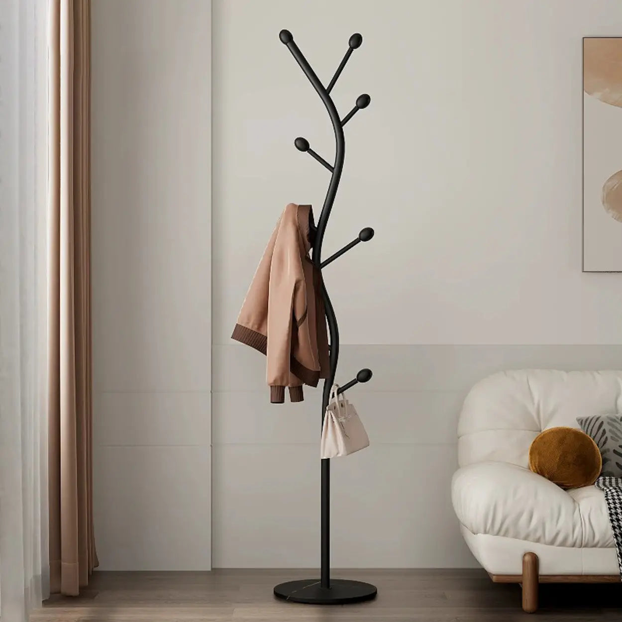 Tree-Shaped Gold Metal Freestanding Coat Rack — Black and White