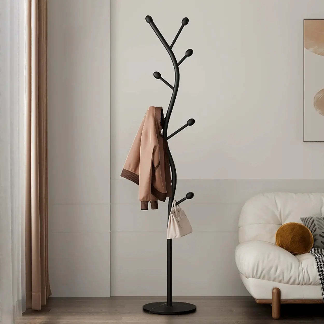 Tree-Shaped Gold Metal Freestanding Coat Rack — Black and White