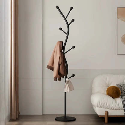 Tree-Shaped Gold Metal Freestanding Coat Rack — Black and White