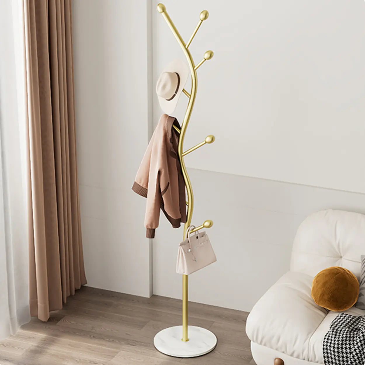Tree-Shaped Gold Metal Freestanding Coat Rack