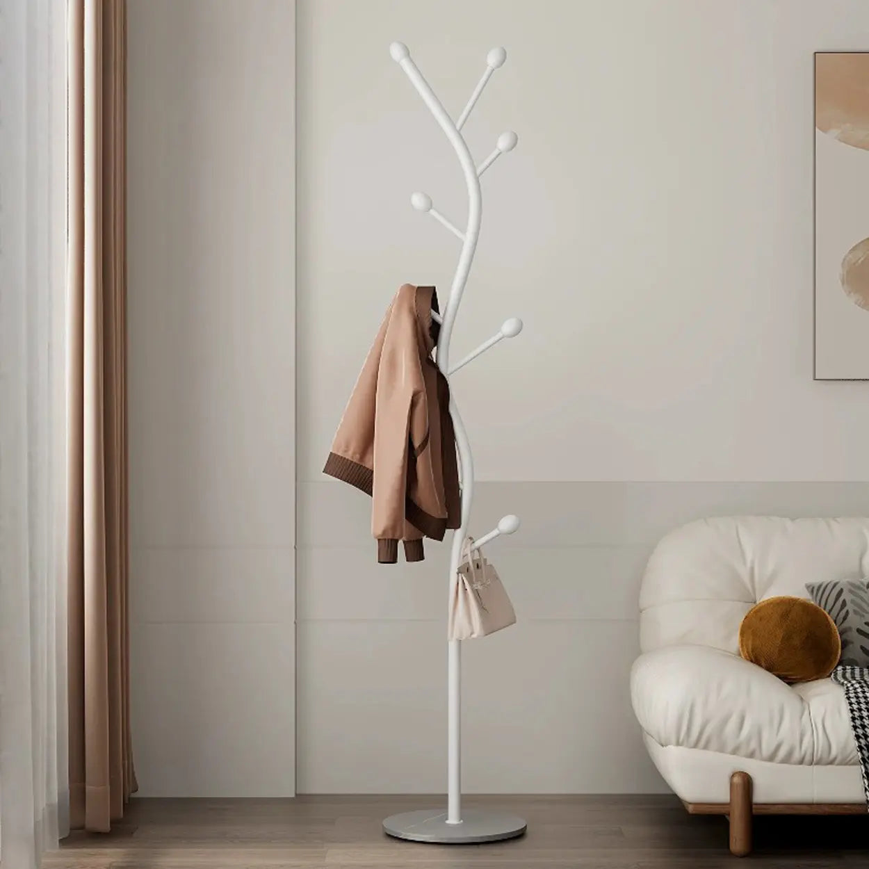Tree-Shaped Gold Metal Freestanding Coat Rack — White