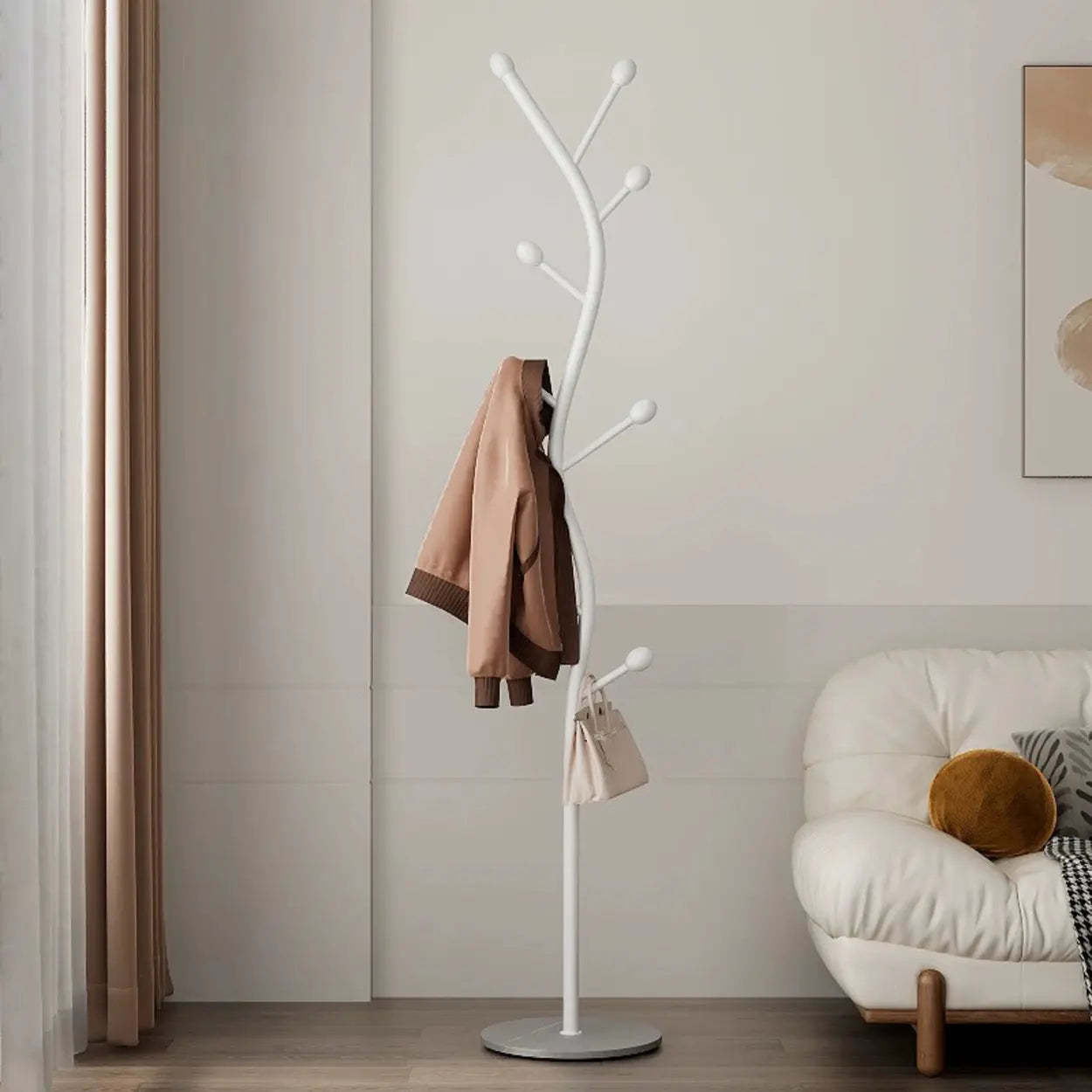 Tree-Shaped Gold Metal Freestanding Coat Rack — White
