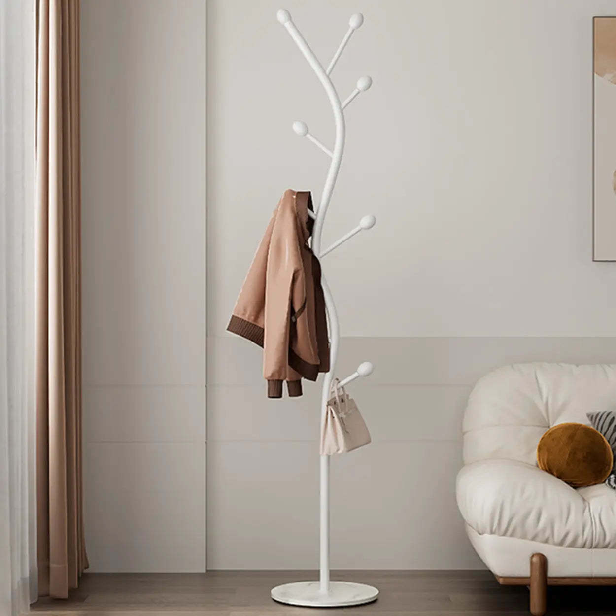 Tree-Shaped Gold Metal Freestanding Coat Rack — White-Gray