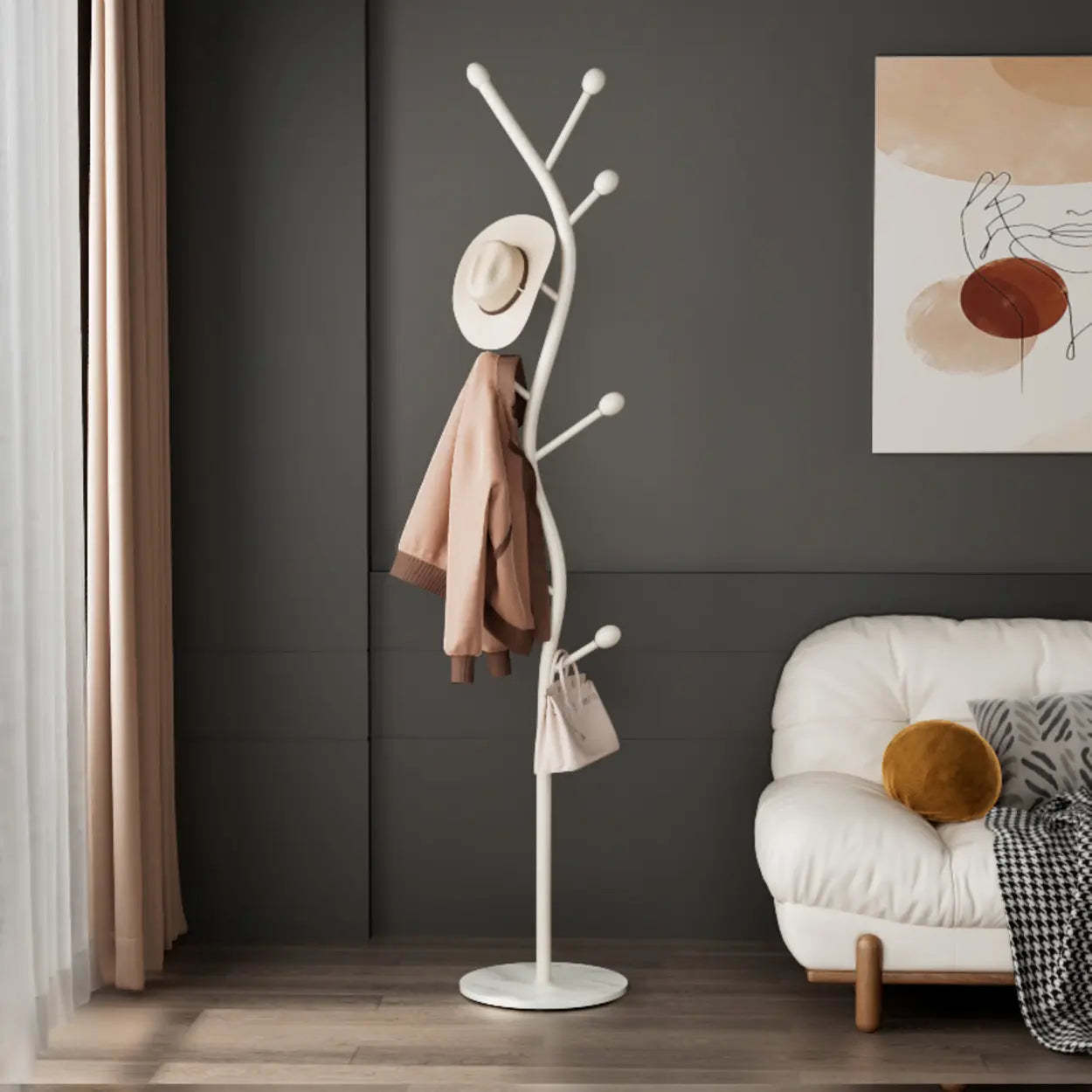 Tree-Shaped Gold Metal Freestanding Coat Rack — Black Gold/ White