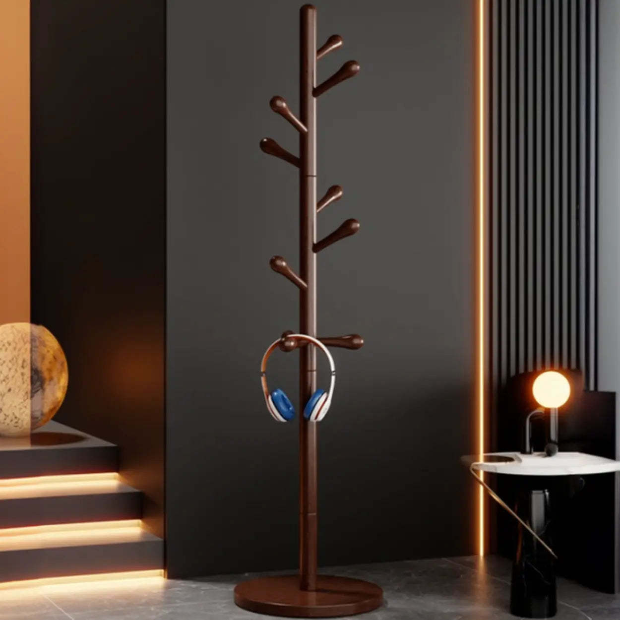 Nut-Brown Beech Wood Tree-Style Coat Rack — White