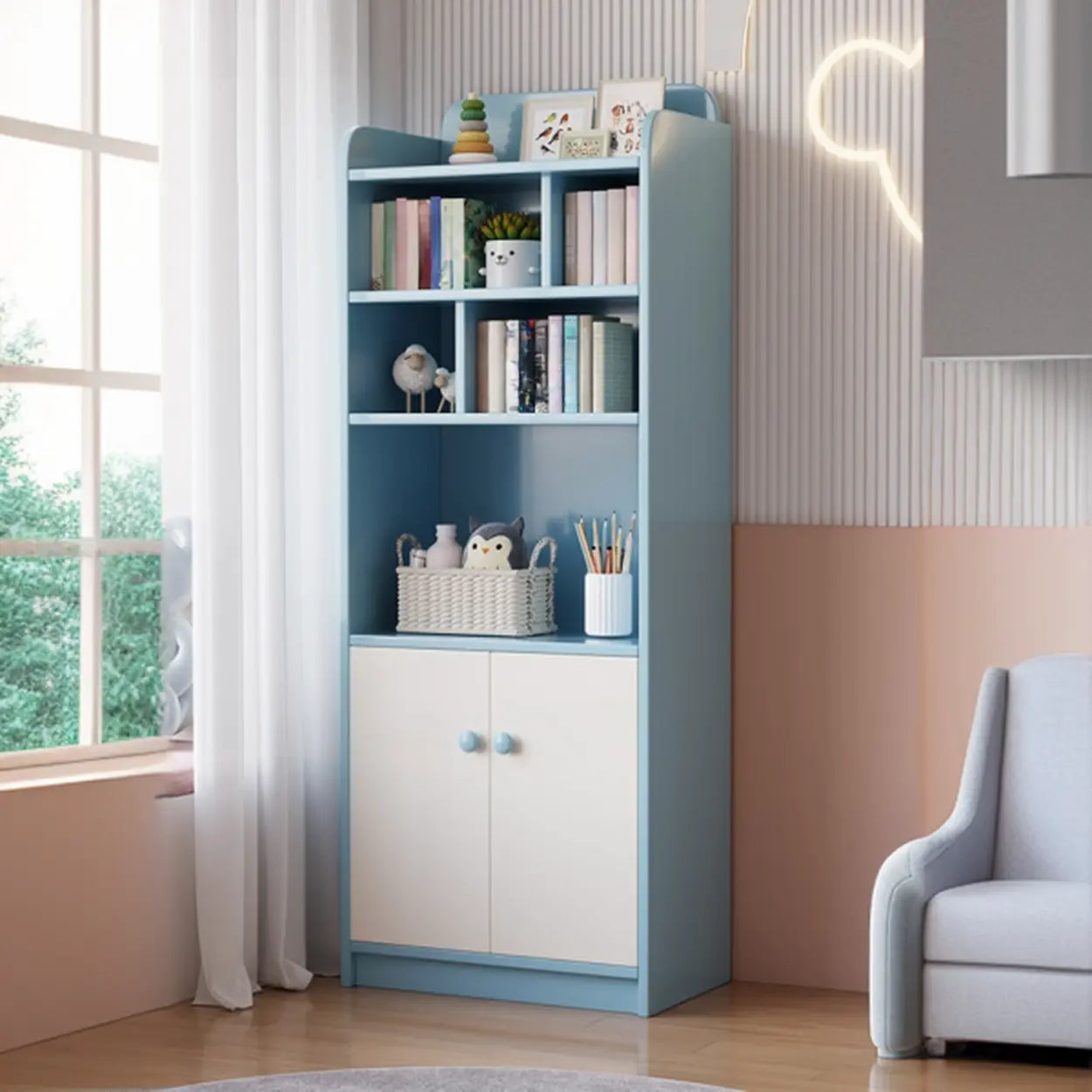 Trendy Blue Closed-Back Wood Vertical Bookcase — White