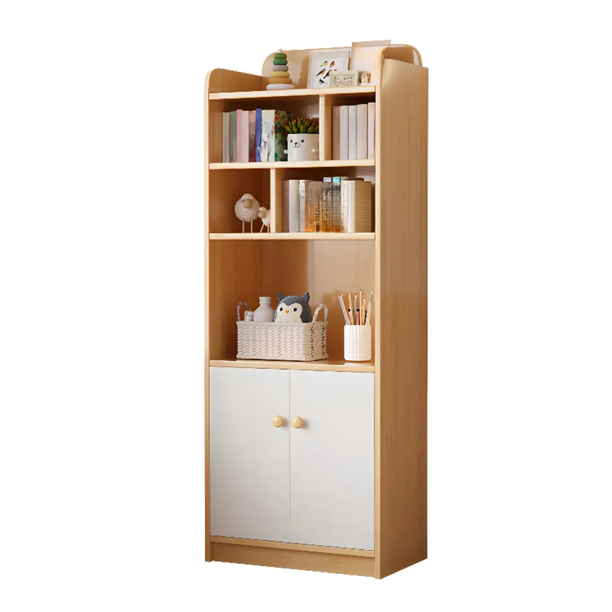 Trendy Blue Closed-Back Wood Vertical Bookcase — Nut-Brown