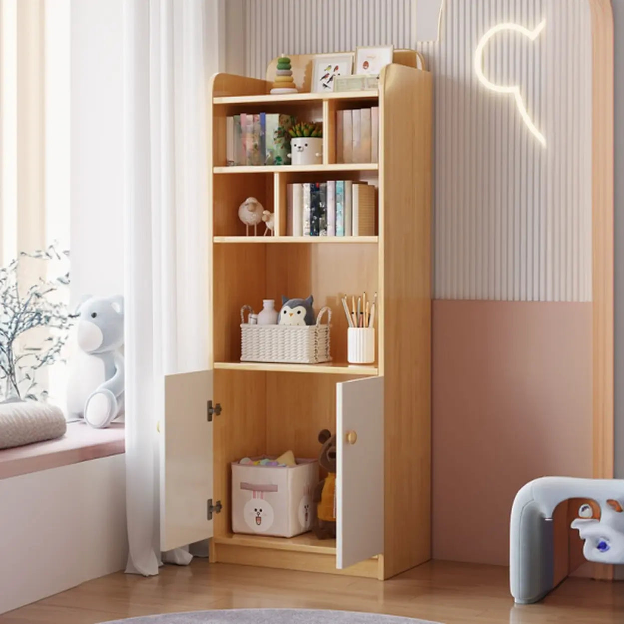 Trendy Blue Closed-Back Wood Vertical Bookcase — Pink