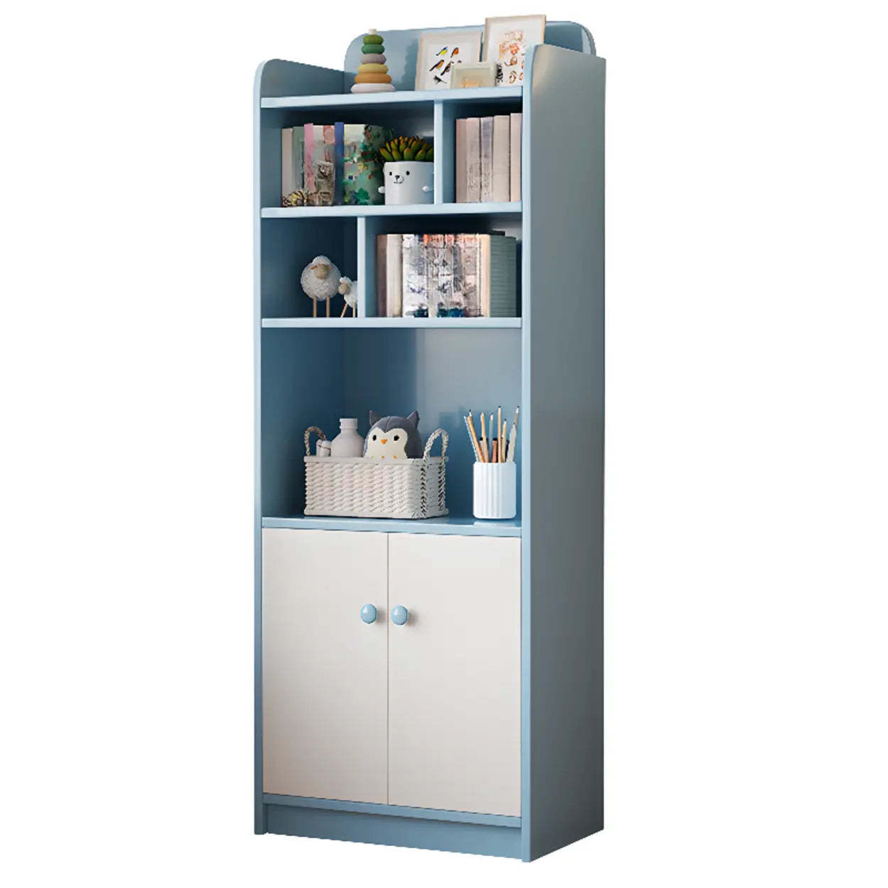 Trendy Blue Closed-Back Wood Vertical Bookcase — Natural