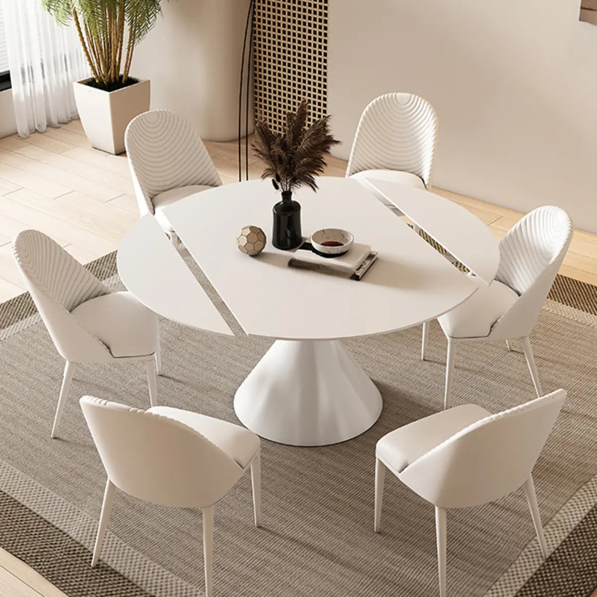 Trendy Round Chalk White Slate Extendable Dining Table