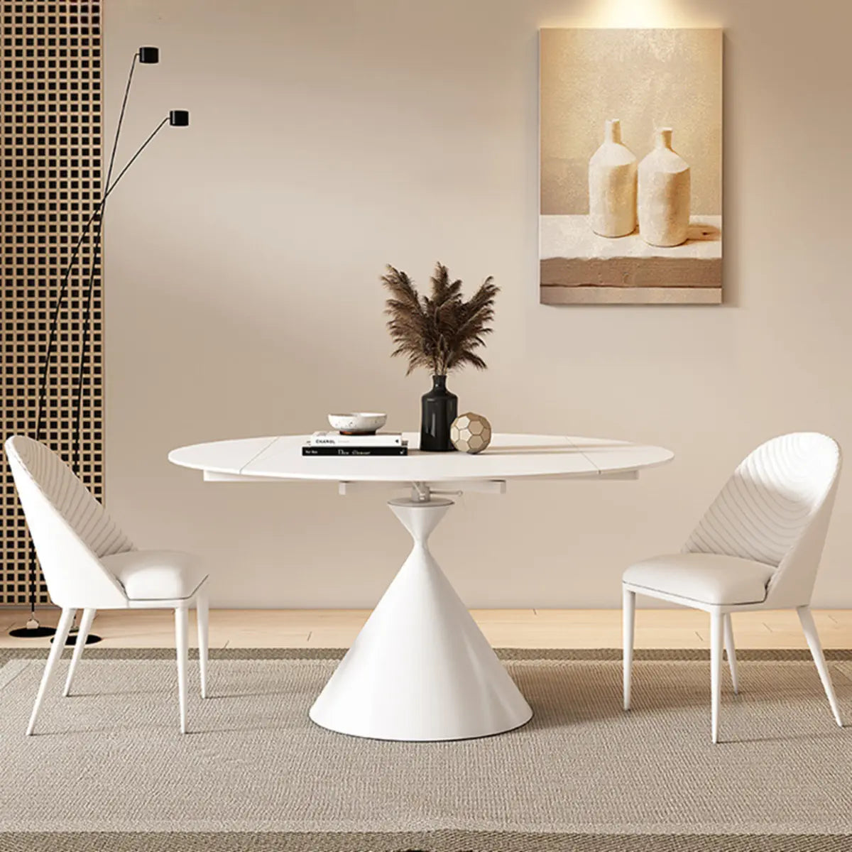Trendy Round Chalk White Slate Extendable Dining Table — Without Chairs