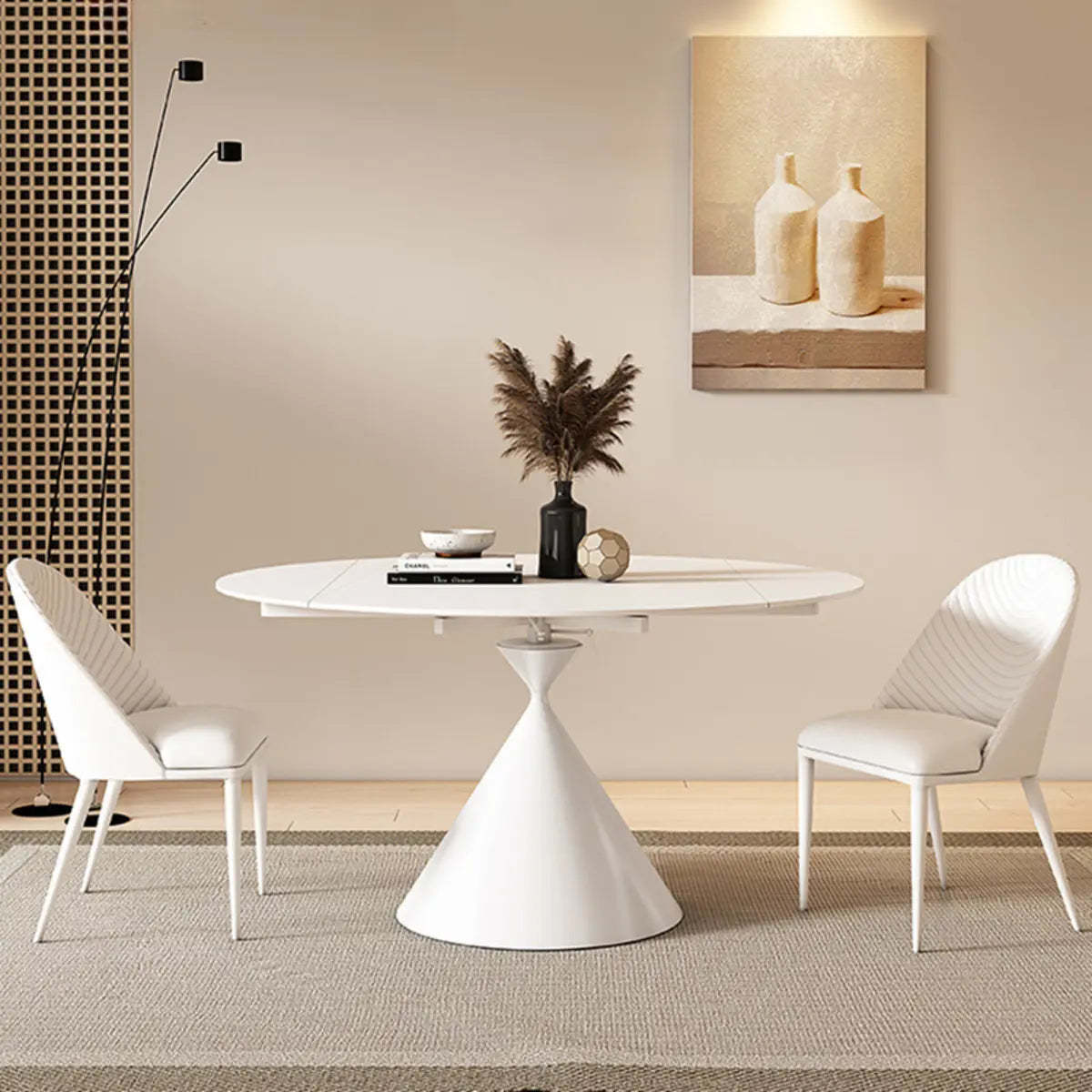 Trendy Round Chalk White Slate Extendable Dining Table — Without Chairs