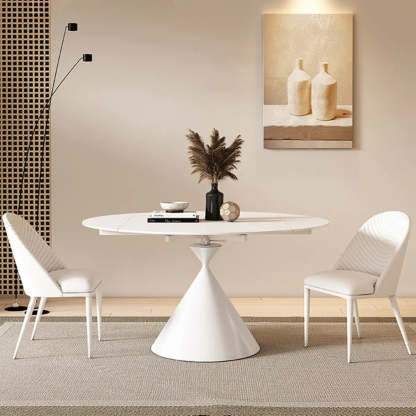 Trendy Round Chalk White Slate Extendable Dining Table — Without Chairs