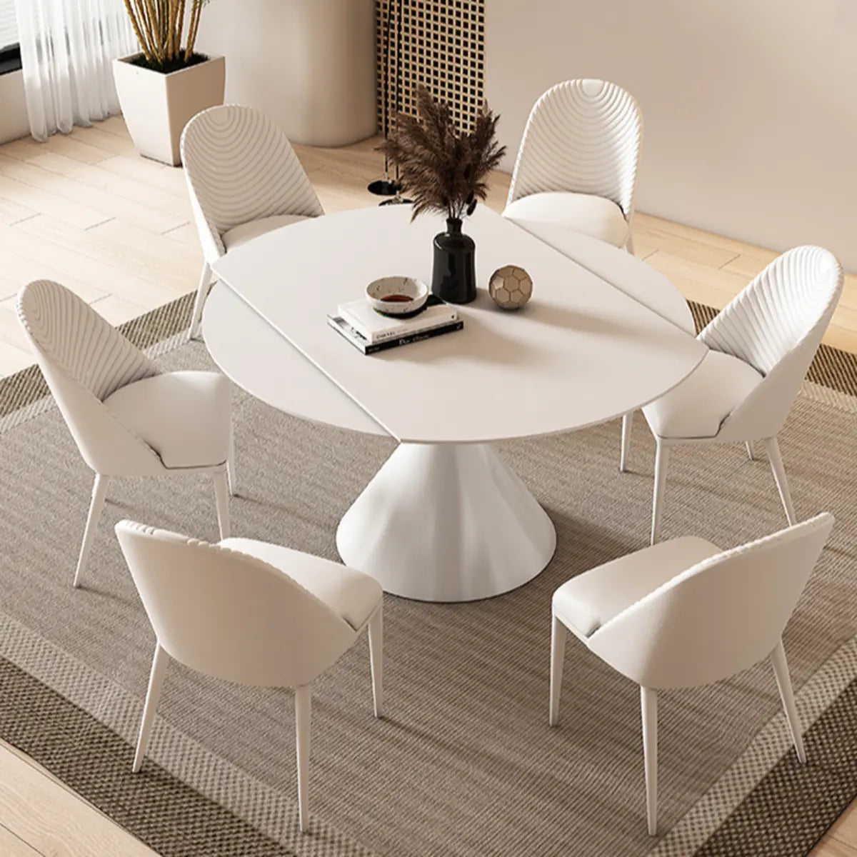 Trendy Round Chalk White Slate Extendable Dining Table — Without Chairs