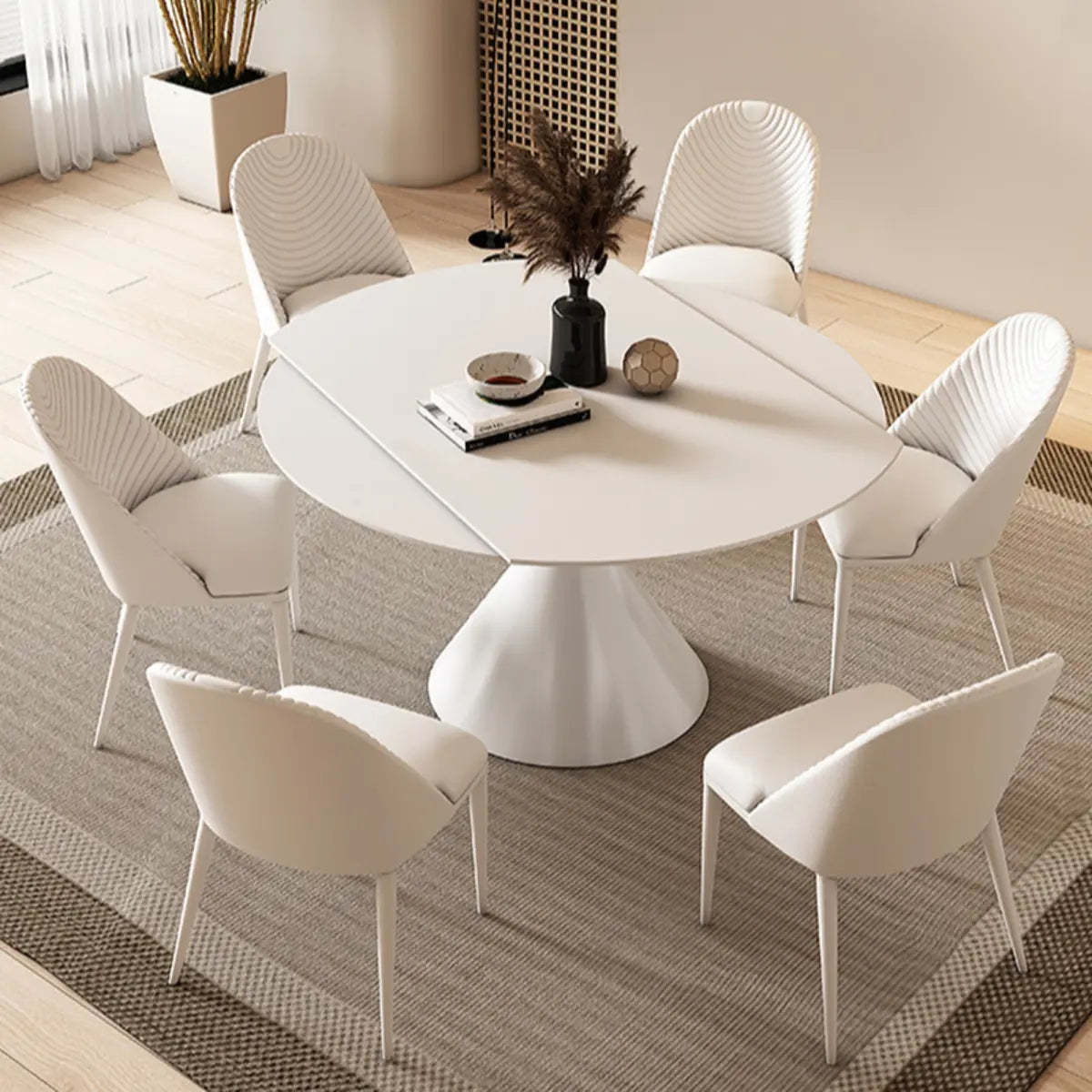 Trendy Round Chalk White Slate Extendable Dining Table — Without Chairs