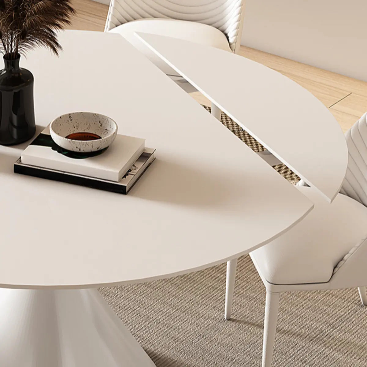 Trendy Round Chalk White Slate Extendable Dining Table