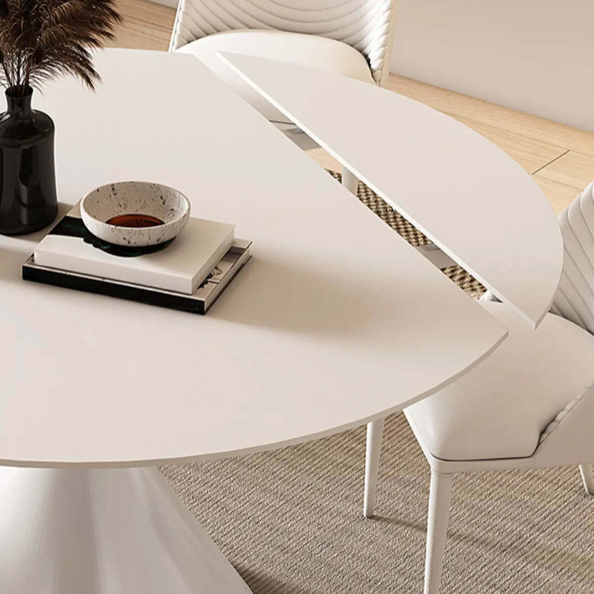 Trendy Round Chalk White Slate Extendable Dining Table