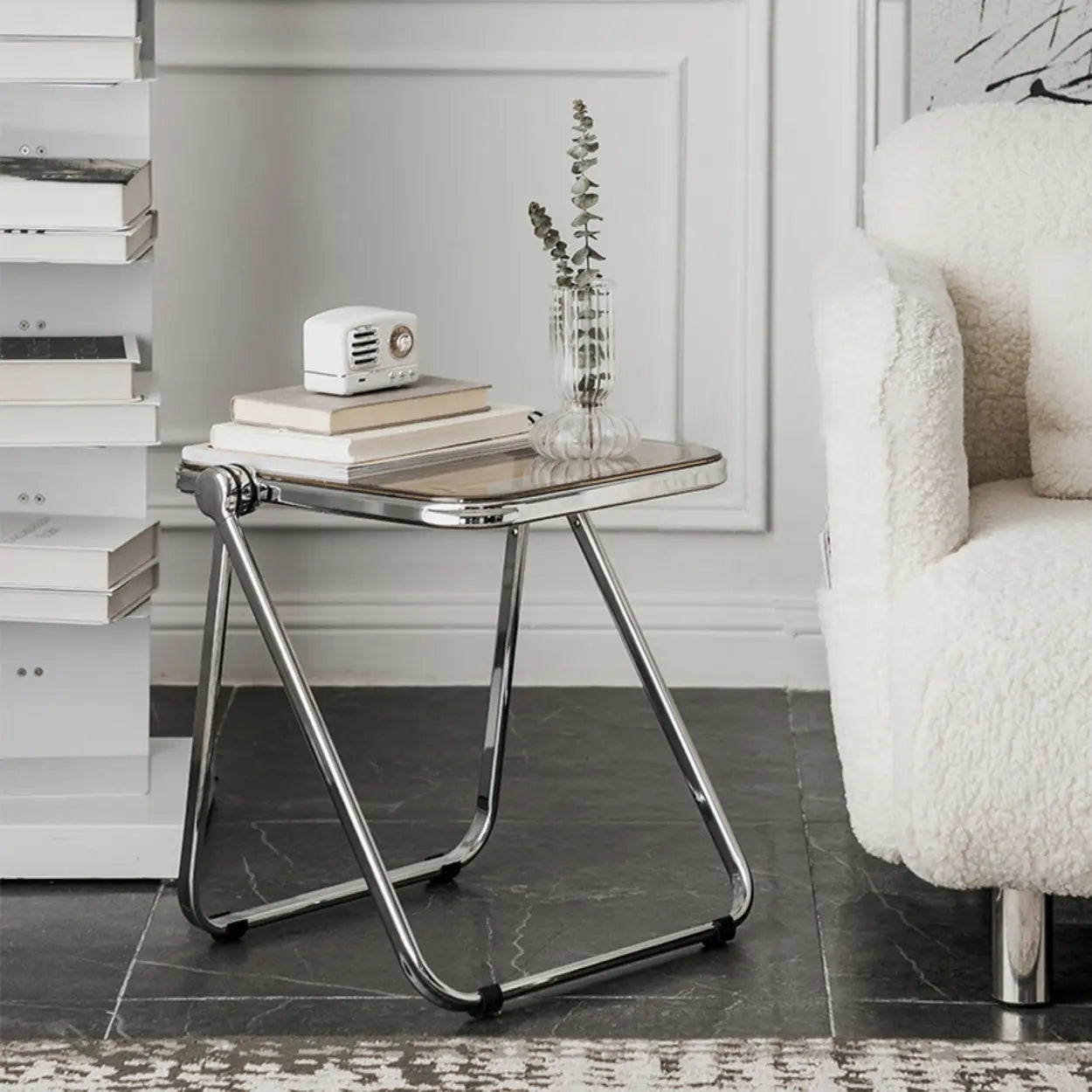 Trendy Folding Silver Compact Rectangular Metal Side Table — Black