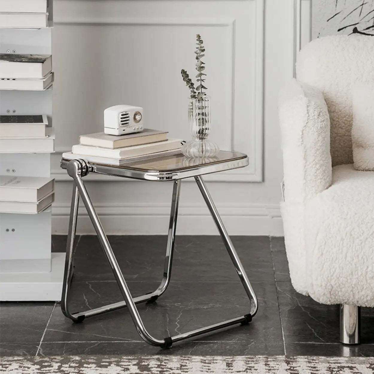 Trendy Folding Silver Compact Rectangular Metal Side Table — Black