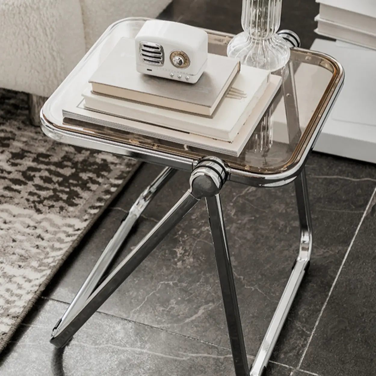 Trendy Folding Silver Compact Rectangular Metal Side Table