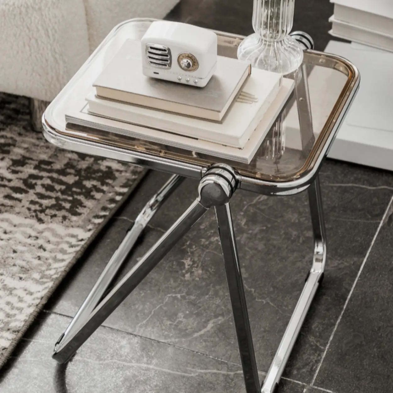 Trendy Folding Silver Compact Rectangular Metal Side Table