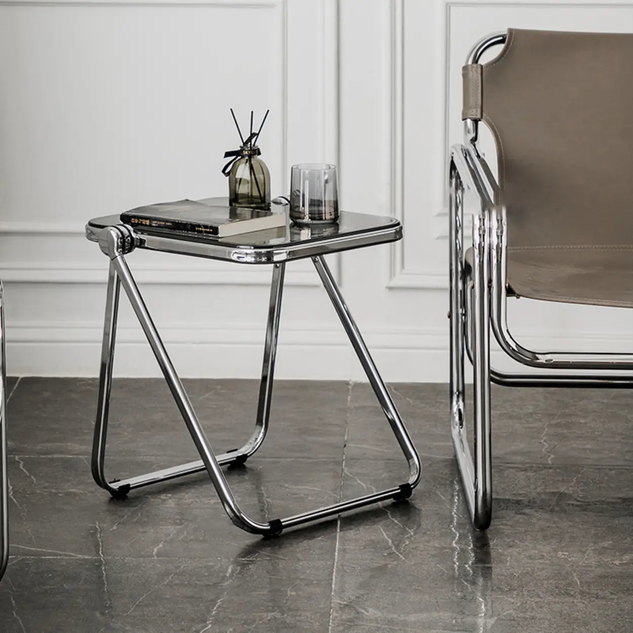 Trendy Folding Silver Compact Rectangular Metal Side Table — Red