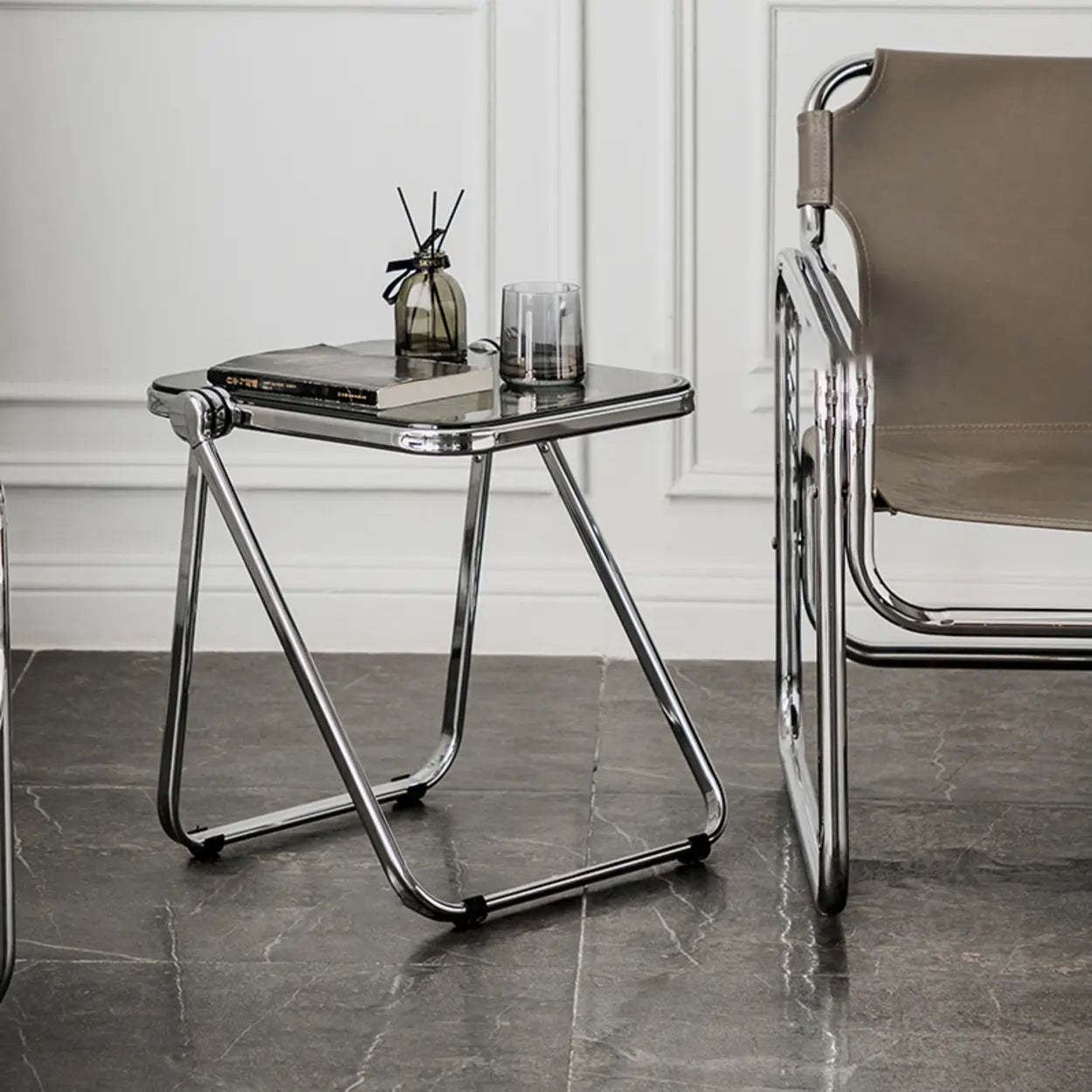 Trendy Folding Silver Compact Rectangular Metal Side Table — Red