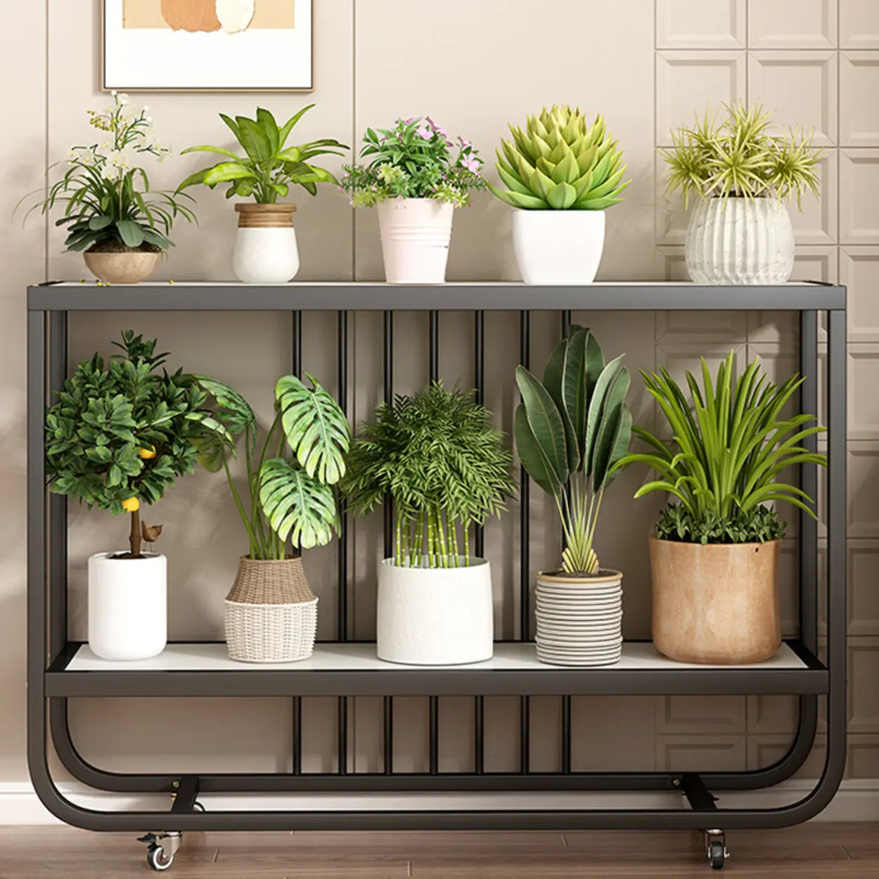 Trendy Black Rectangle Metal Rolling 2-Tier Plant Stand