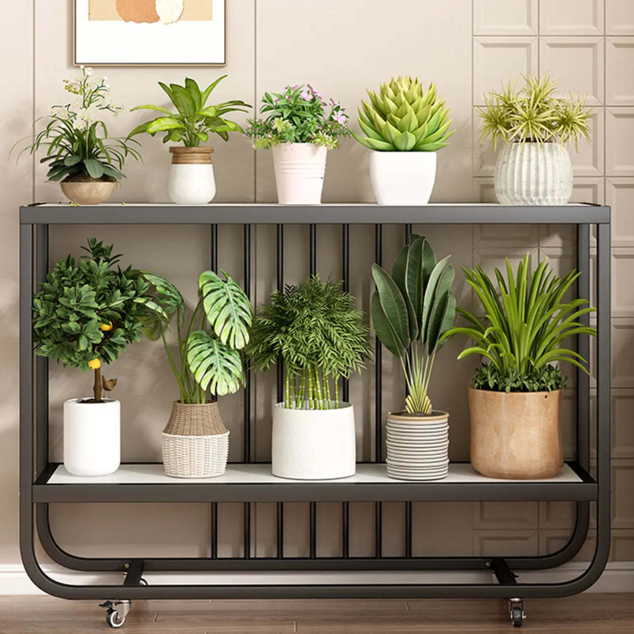 Trendy Black Rectangle Metal Rolling 2-Tier Plant Stand — Black
