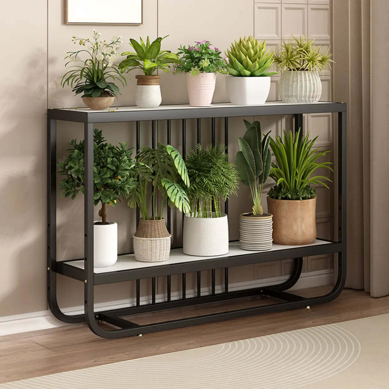 Trendy Black Rectangle Metal Rolling 2-Tier Plant Stand — White