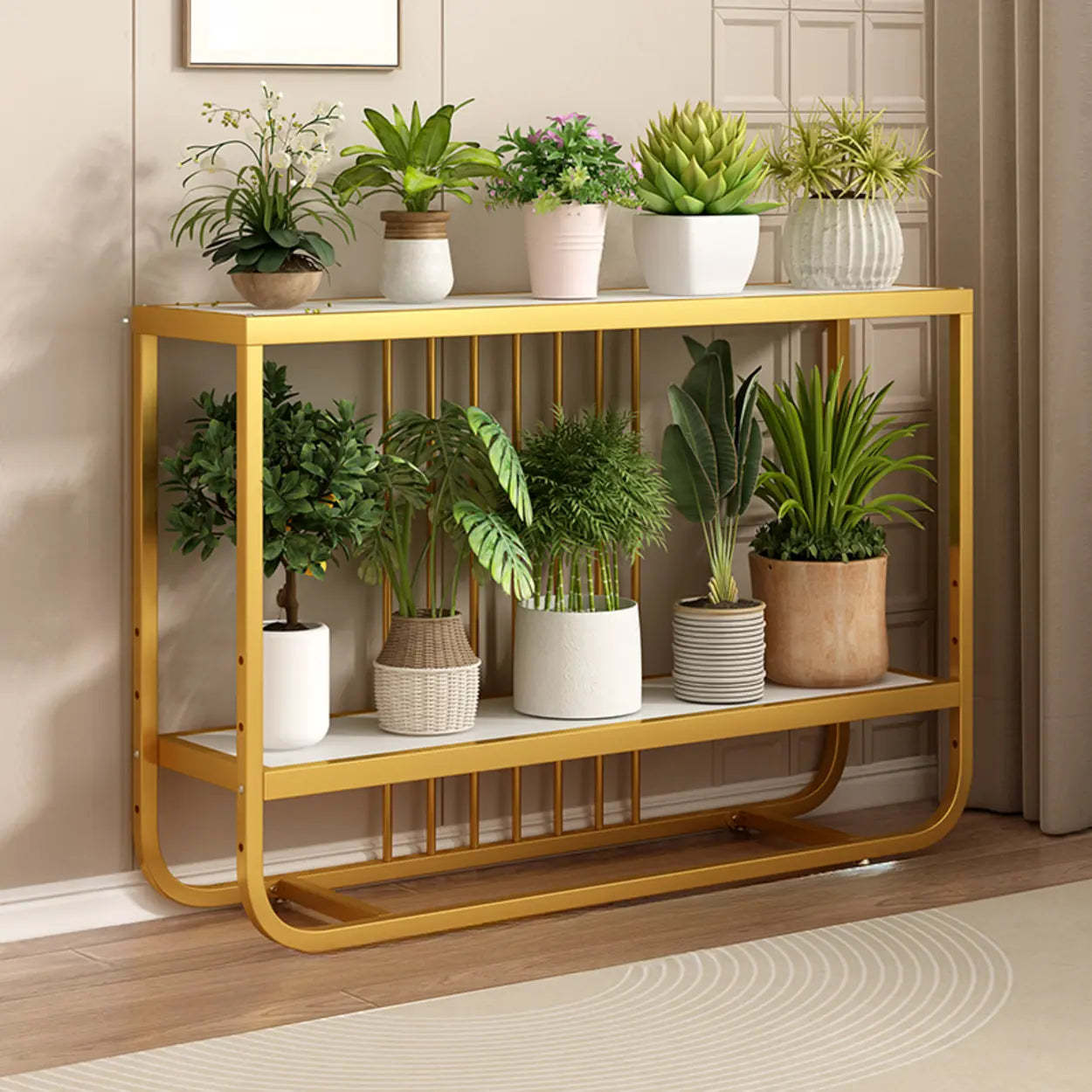 Trendy Black Rectangle Metal Rolling 2-Tier Plant Stand — Black