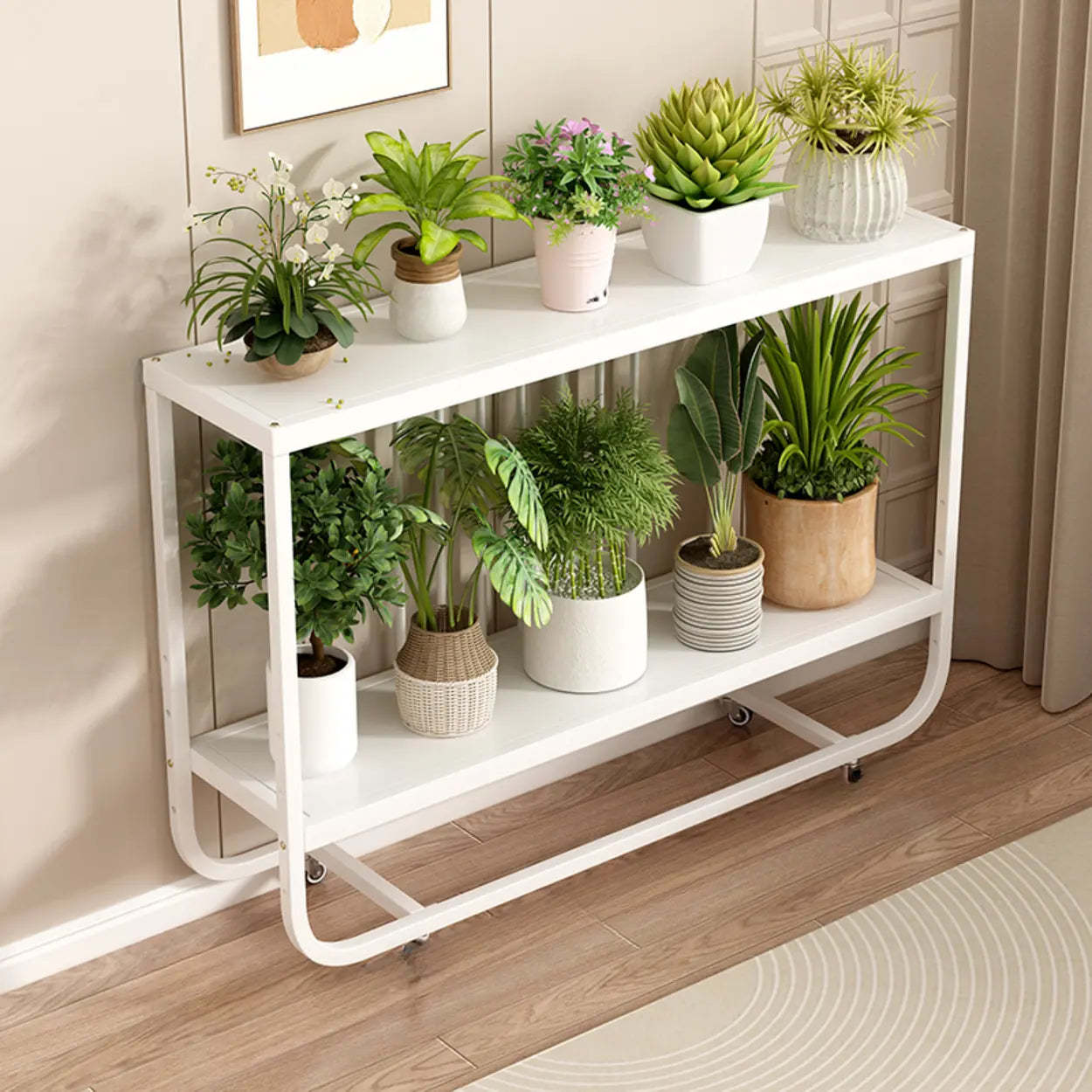 Trendy Black Rectangle Metal Rolling 2-Tier Plant Stand — Black