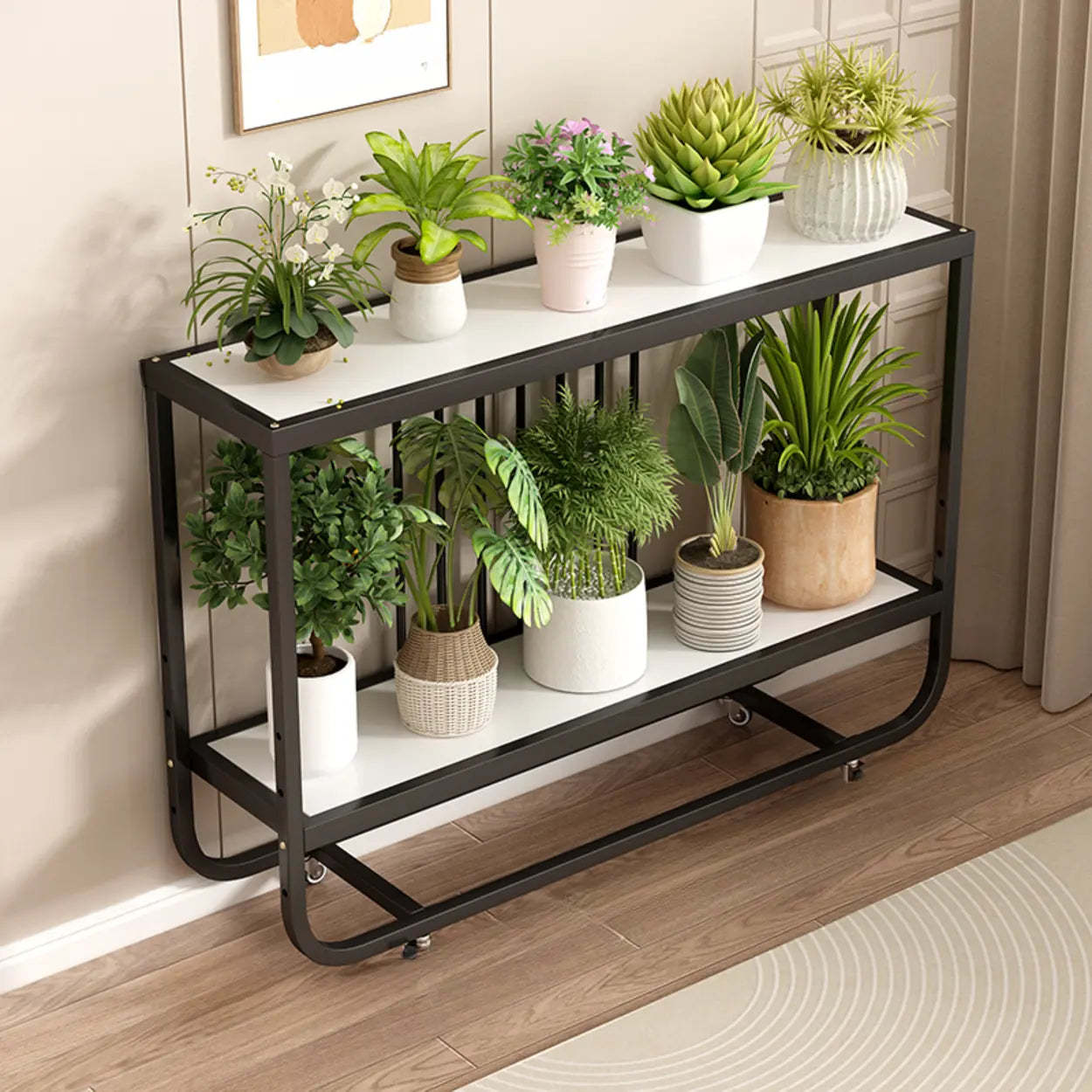 Trendy Black Rectangle Metal Rolling 2-Tier Plant Stand — Black