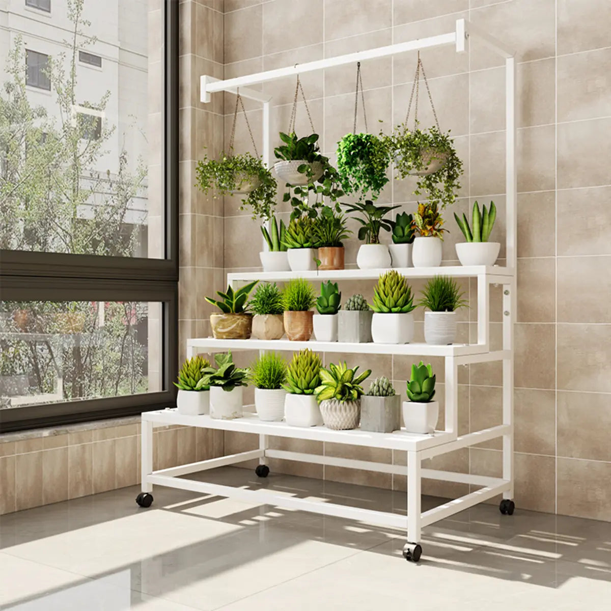 Trendy Rectangle Metal Rolling Plant Stand — White
