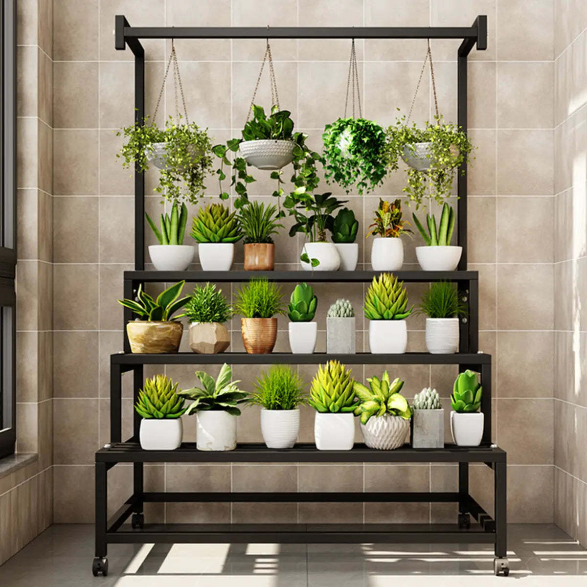 Trendy Rectangle Metal Rolling Plant Stand — Black