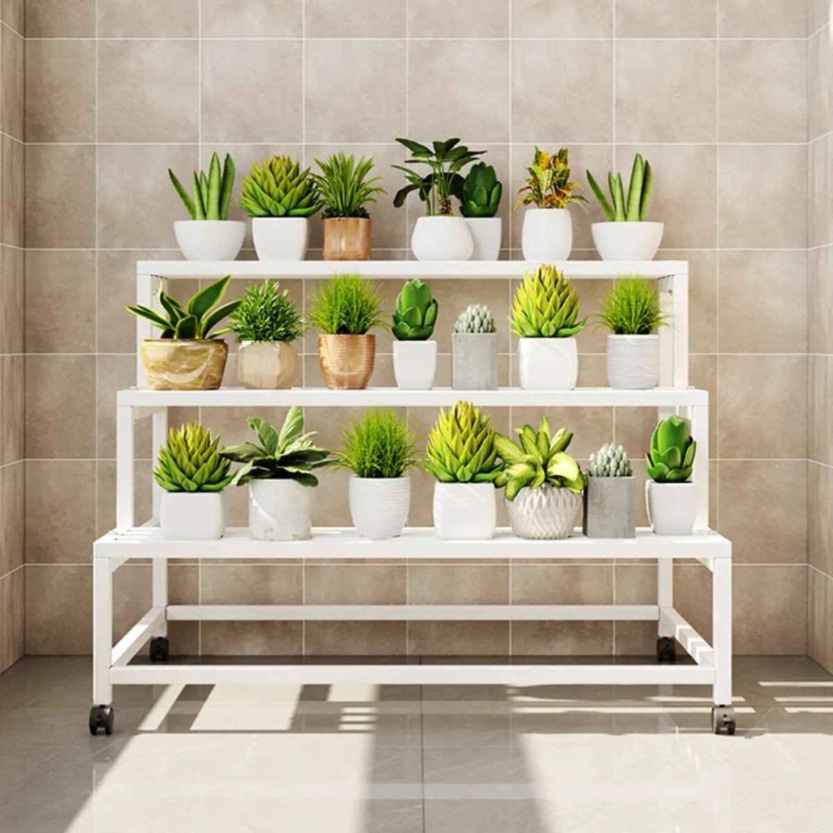 Trendy Rectangle Metal Rolling Plant Stand — White