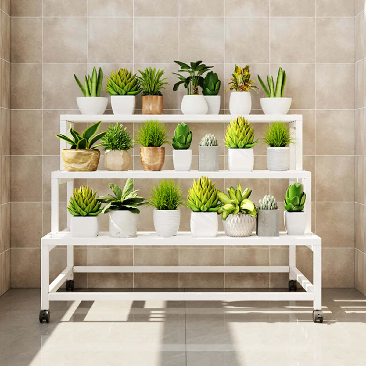 Trendy Rectangle Metal Rolling Plant Stand — White