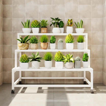 Trendy Rectangle Metal Rolling Plant Stand — White