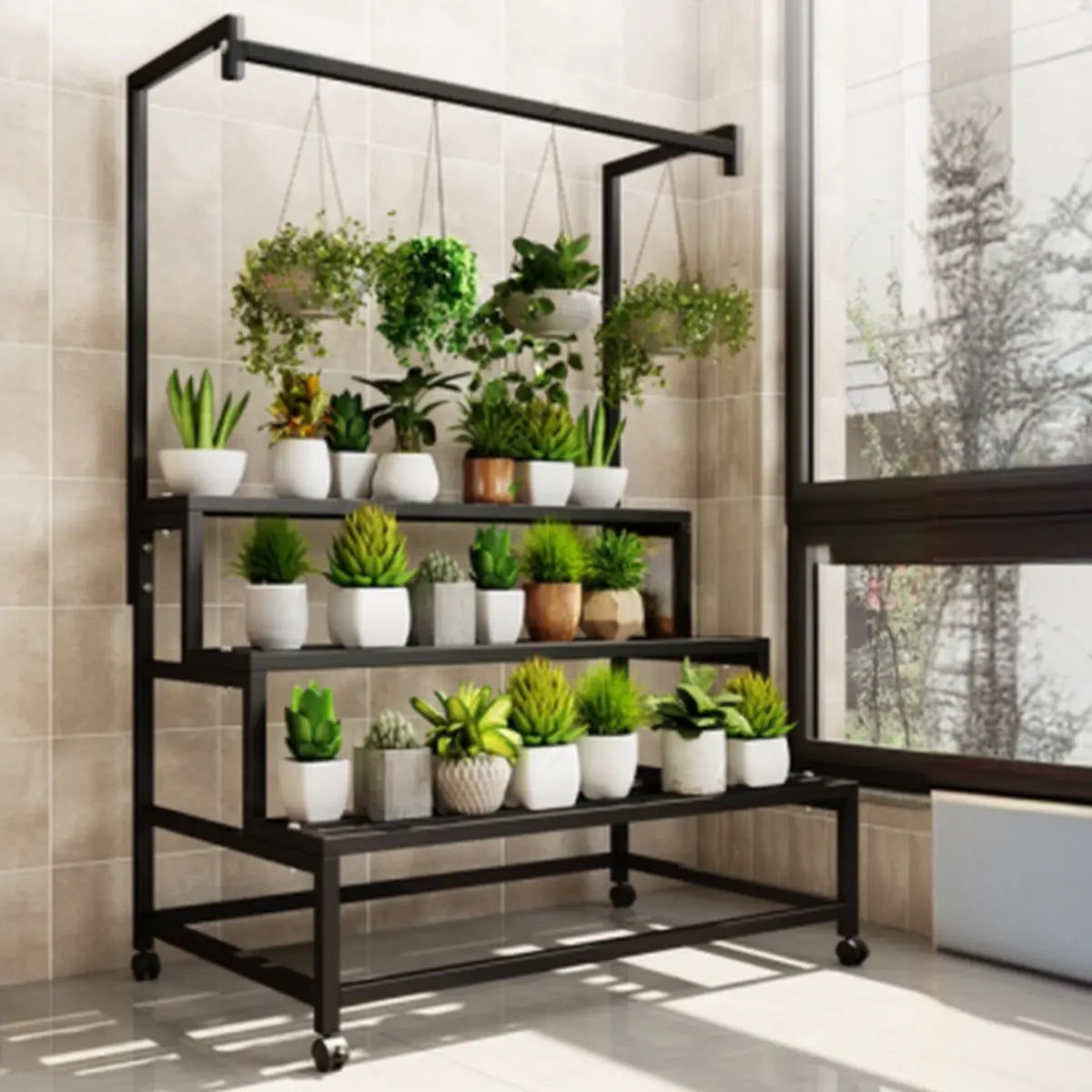 Trendy Rectangle Metal Rolling Plant Stand — Black