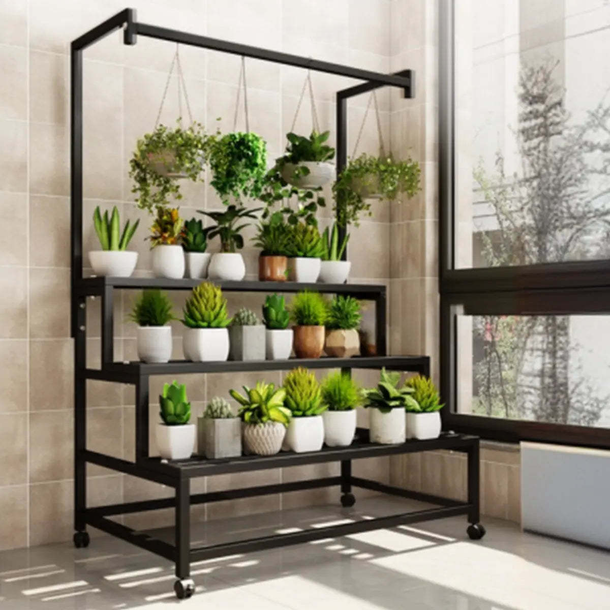 Trendy Rectangle Metal Rolling Plant Stand — Black