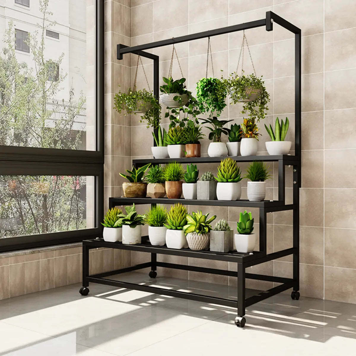 Trendy Rectangle Metal Rolling Plant Stand — White
